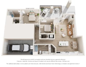 a 3d floor plan of a house with a car