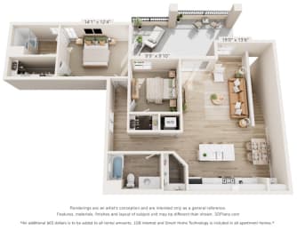 a stylized floor plan with a bedroom and a living room