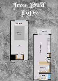 Floor Plan  A diagram of the Iron Bird Lofts, showing the layout of the Cat Walk, Balcony, and Level 2.