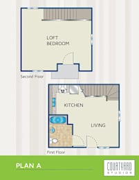 Floor Plan  A floor plan for a two-story home with a loft bedroom and a living area with a kitchen.