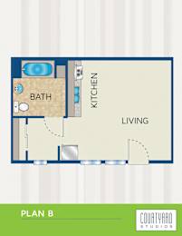 Floor Plan  A floor plan of a living space with a bathroom and kitchen.