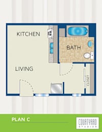 Floor Plan  A floor plan shows a kitchen, living room, and bathroom.