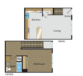 Floor Plan  A floor plan of a two-story house with a living room, kitchen, bedroom, and bathroom.