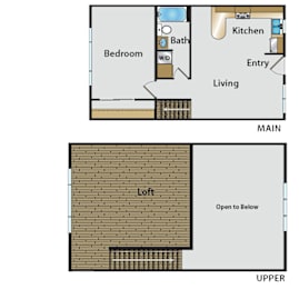 Floor Plan  A floor plan of a house showing a bedroom, kitchen, and loft.