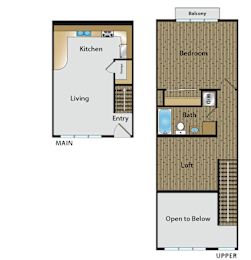 Floor Plan  A floor plan shows a living area, kitchen, and bedrooms.