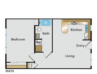 Floor Plan  A floor plan of a small apartment with a bedroom, bathroom, and kitchen.