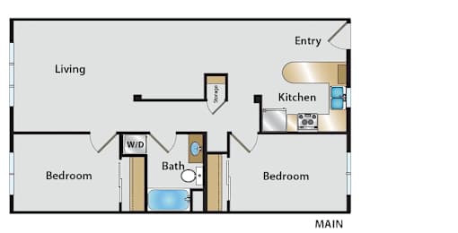 Floor Plan  A floor plan of a small apartment with a living room, kitchen, and two bedrooms.