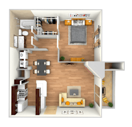 One bedroom 1 bathroom floorplan with balcony at Twenty 15 Apartments, Austin, Texas