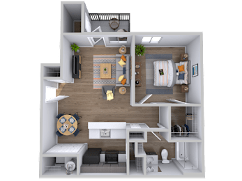 1 bedroom 1 bathroom floorplan with balcony at Radius at the Domain Apartments, Texas
