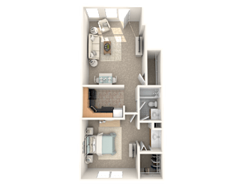 A floor plan of a small apartment with a kitchen, living room, and bathroom.