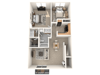 A 3D floor plan of a small apartment with a kitchen, living room, and bedroom.