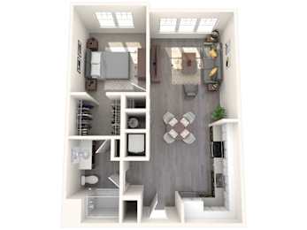 A top-down view of a small, neatly organized apartment.