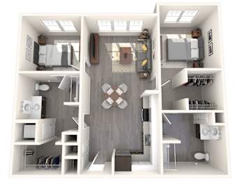 A 3D rendered image of a small apartment layout.