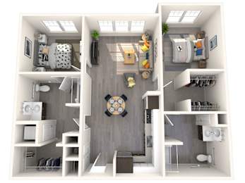 A 3D rendered image of a modern apartment layout.