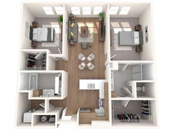 A top-down view of a modern apartment layout with a kitchen, living room, and bedrooms.
