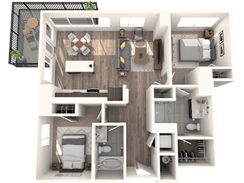A top-down view of a house layout with a kitchen, living room, dining area, and bathrooms.