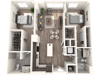 A 3D rendered image of a modern apartment layout.