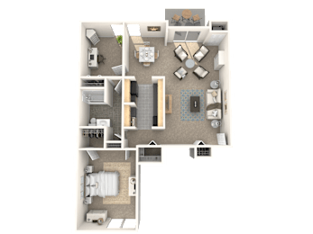 A floor plan of a house with a kitchen, living room, dining room, and two bedrooms.