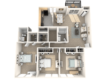 A 3D floor plan of a house with a kitchen, living room, and two bedrooms.