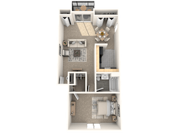 A 3D floor plan of a small apartment with a kitchen, living room, and bathroom.