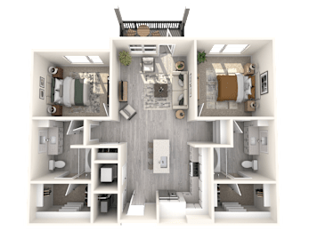 A 3D floor plan of a house showing the layout of the rooms.
