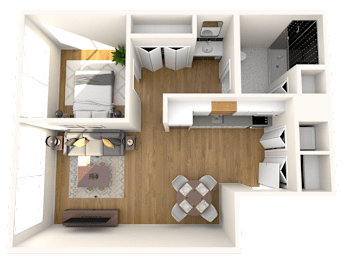 A 3D rendered image of a modern apartment layout.