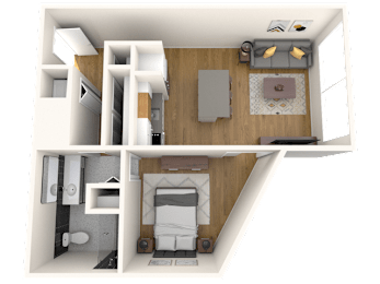 A 3D image of a small apartment with a bedroom and a kitchen.