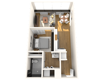A 3D floor plan of a small apartment with a kitchen, living room, and bathroom.