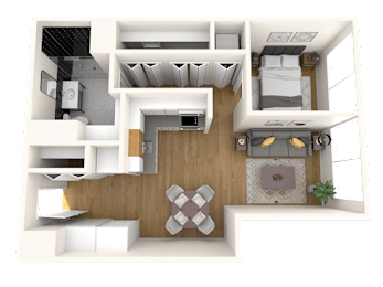 A 3D rendered image of a house layout.