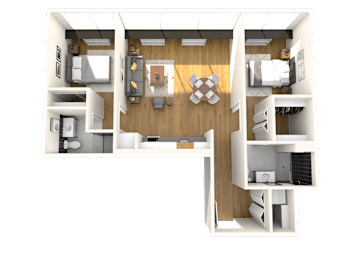 A 3D floor plan of a small apartment with a kitchen, living room, and bedroom.