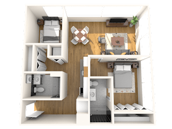 A 3D rendered image of a small apartment layout.