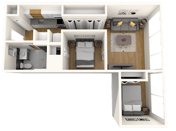 A 3D floor plan of a small apartment with a bedroom, living room, and kitchen.