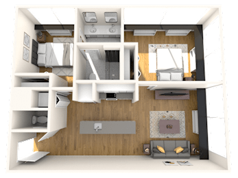 A 3D rendered image of a modern apartment layout.