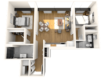 A 3D floor plan of a house with a kitchen, living room, and bedrooms.
