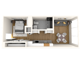 A 3D rendered image of a small apartment layout.
