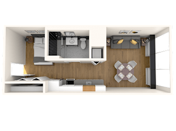A modern living room with a grey sofa and a wooden cabinet.