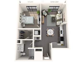 A floor plan of a small apartment with a bedroom, living room, and bathroom.