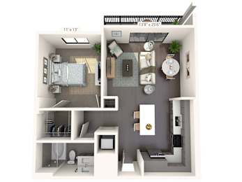 A 11x13 floor plan of a modern apartment with a kitchen, living room, and bedroom.