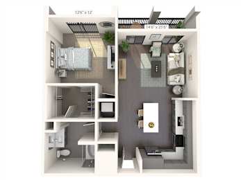 A floor plan of a small apartment with a bedroom and a living area.