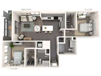 A floor plan of a small apartment with a kitchen, living room, and bathroom.