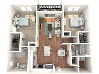A 3D floor plan of a house showing a kitchen, living room, and two bedrooms.