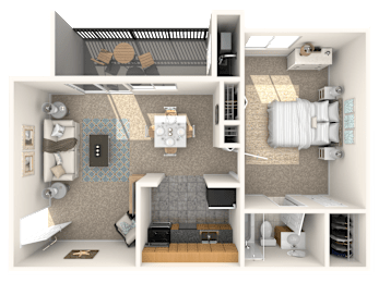 A 3D rendered image of a small, modern apartment layout.