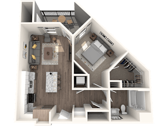 A 3D rendered image of a house layout.