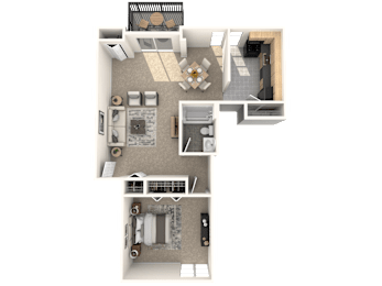 A floor plan of a house with a kitchen, living room, dining room, and two bedrooms.