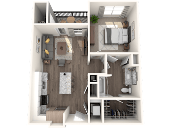 A 3D rendered image of a small apartment layout.