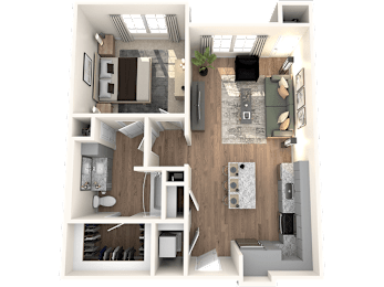 A 3D rendered image of a modern apartment layout.