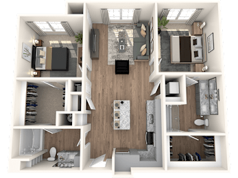 A 3D floor plan of a small apartment with a kitchen, living room, and two bedrooms.