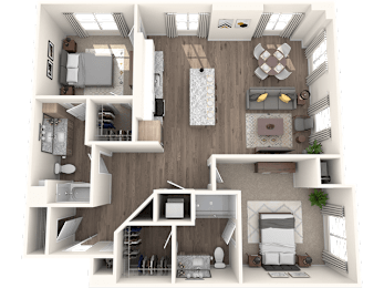 A 3D rendered image of a modern apartment layout.