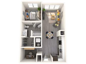 A top-down view of a small apartment with a kitchen, living room, and bathroom.