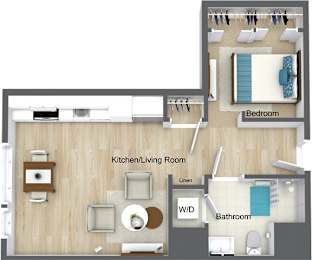 A floor plan of a small apartment with a bedroom, kitchen/living room, and bathroom.